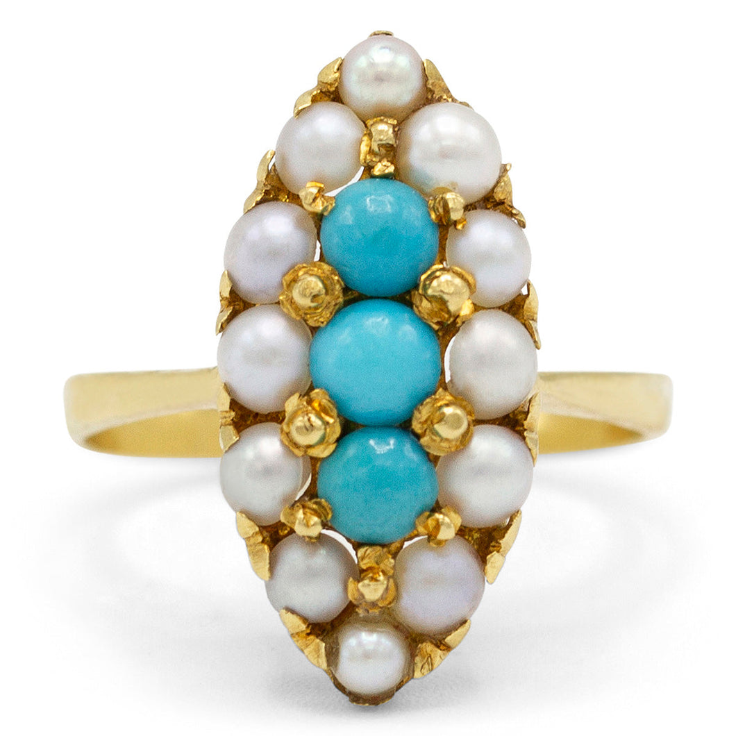 Turquoise and Pearl Navette Ring